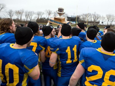 The Saskatoon Hilltops celebrate their Prairie Football Conference championship game win against the Calgary Colts at SMF field in Saskatoon on October 30, 2016.