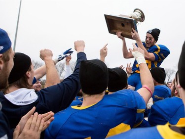 The Saskatoon Hilltops celebrate their Prairie Football Conference championship game win against the Calgary Colts at SMF field in Saskatoon on October 30, 2016.