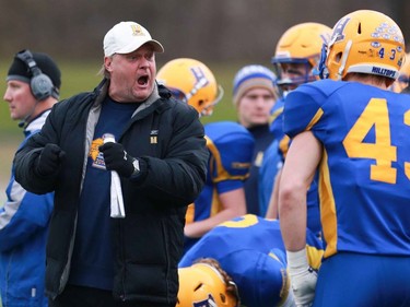 Saskatoon Hilltops' head coach Tom Sargeant gets vocal during the Prairie Football Conference championship game against the Calgary Colts at SMF field in Saskatoon on October 30, 2016.