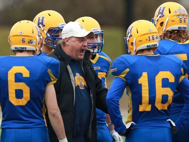 Saskatoon Hilltops' head coach Tom Sargeant gets vocal during the Prairie Football Conference championship game against the Calgary Colts at SMF field in Saskatoon on October 30, 2016.
