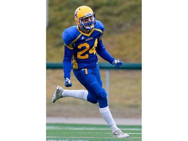 Saskatoon Hilltops' James Vause celebrates his team's Prairie Football Conference championship game win against the Calgary Colts at SMF field in Saskatoon on October 30, 2016.