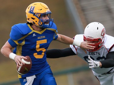 Saskatoon Hilltops' Jared Andreychuck dodges a tackle during the Prairie Football Conference championship game against the Calgary Colts at SMF field in Saskatoon on October 30, 2016.