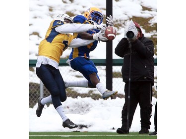 Saskatoon Hilltops' Sam Mike misses a catch at the goal line during their game against the Edmonton Wildcats at SMF Field at Gordie Howe Bowl in Saskatoon on October 9, 2016.