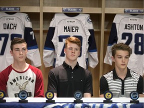 Saskatoon Blades' draft picks (l to r) Kirby Dach, Nolan Maier and Zachary Ashton were introduced to media, Monday, May 09, 2016.