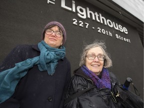 Karen Fraser-Gitlitz, left, and Lila Wagner, with the Saskatoon Anti-Poverty Coalition, pose outside the Lighthouse . (GREG PENDER/STAR PHOENIX)