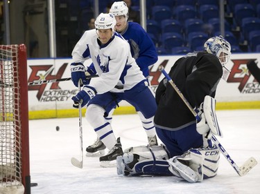 Brooks Laich of the Toronto Maple Leafs (in white) during a pre-game skate at SaskTel Centre before facing the Ottawa Senators, October 4, 2016.