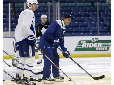 Coach Mike Babcock of the Toronto Maple Leafs during a pre-game skate at SaskTel Centre before facing the Ottawa Senators, October 4, 2016.