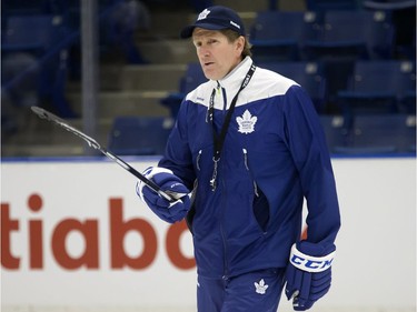 Coach Mike Babcock of the Toronto Maple Leafs during a pre-game skate at SaskTel Centre before facing the Ottawa Senators, October 4, 2016.