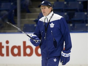 Coach Mike Babcock of the Toronto Maple Leafs during a pre-game skate at SaskTel Centre before facing the Ottawa Senators on Oct. 4, 2016.