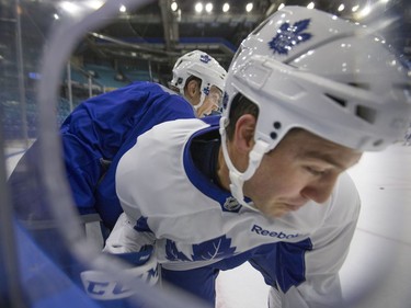 Colin Greening (L) and Brandon Prust of the Toronto Maple Leafs mix it up on the boards during a pre-game skate at SaskTel Centre before facing the Ottawa Senators, October 4, 2016.