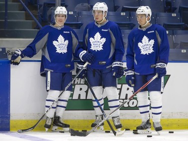 L-R: Mitch Marner, Auston Matthews  and Zach Hyman of the Toronto Maple Leafs during a pre-game skate at SaskTel Centre before facing the Ottawa Senators, October 4, 2016.