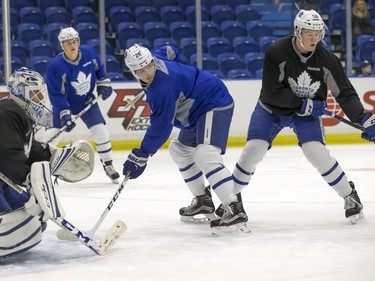 L-R: Goalie Antoine Bibeau, Peter Holland and Andrew Nielsen of the Toronto Maple Leafs during a pre-game skate at SaskTel Centre before facing the Ottawa Senators, October 4, 2016.