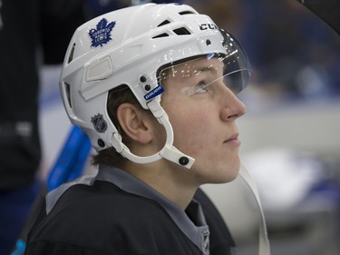 Travis Dermott of the Toronto Maple Leafs during a pre-game skate at SaskTel Centre before facing the Ottawa Senators, October 4, 2016.