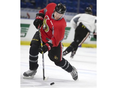 Dion Phaneuf of the NHL Ottawa Senators lets fly during a pre-game skate at SaskTel Centre before an evening game against the Toronto Maple Leafs, October 4, 2016.