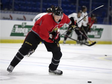 Dion Phaneuf of the NHL Ottawa Senators lets fly during a pre-game skate at SaskTel Centre before an evening game against the Toronto Maple Leafs, October 4, 2016.