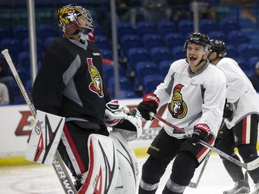 Mark Borowiecki of the NHL Ottawa Senators enjoys a toothless laugh  during a pre-game skate at SaskTel Centre before an evening game against the Toronto Maple Leafs, October 4, 2016.