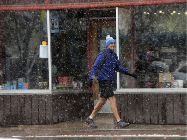 A heavy, wet snow from a major weather system left Saskatoon residents shovelling, walking and driving in slippery conditions, October 5, 2016.  Intermittent power outages affected traffic lights and created backups. This person on Broadway Avenue seemed to take the weather in stride.