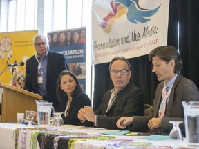 Journalists from across Saskatchewan attended the Reconciliation and Media conference at the UNiversity of Saskatchewan, Wednesday, October 05, 2016, designed to focus on improving news coverage of indigenous people. Journalists speaking included (l to r) Doug Cuthand, Connie Walker, Nelson Bird and Jason Warick.