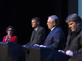 Mayoral candidates (L-R) Kelley Moore, Charlie Clark,  Don Atchison,  and Devon Hein at the StarPhoenix debate at the Broadway Theatre.