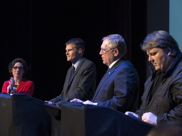 L-R: Saskatoon mayoral candidates Kelley Moore, Charlie Clark, Don Atchison and Devon Hein during the Saskatoon StarPhoenix mayoral debate at the Broadway Theatre, October 11, 2016.