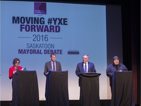 (Left to right) Kelley Moore, Charlie Clark,  Don Atchison, and Devon Hein during the Saskatoon StarPhoenix mayoral debate at the Broadway Theatre, Tuesday, October 11, 2016.