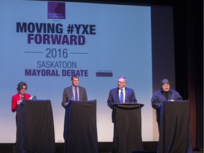 L-R: Saskatoon mayoral candidates Kelley Moore, Charlie Clark, Don Atchison and Devon Hein during the Saskatoon StarPhoenix mayoral debate at the Broadway Theatre, October 11, 2016.