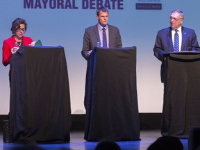 The Saskatoon mayoral race, featuring, from left, Kelley Moore, Charlie Clark and Don Atchison, is becoming increasingly focused on the city's finances.