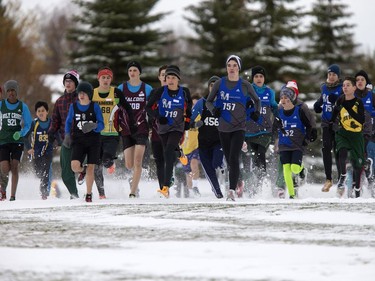 Toques and mitts were the norm as Midget boys competitors start their cross country race in the snow at Lakewood Park during there city championships, October 11, 2016.