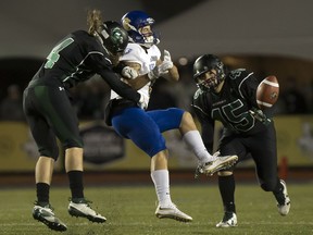 Ben Whiting of the University of Saskatchewan Huskies, left, knocks the ball away from receiver Will Watson of the UBC Thunderbirds in university football action at Griffiths Stadium, Friday, October 14, 2016.
