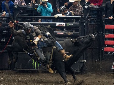 Cody Ford is bucked off a bull during the Professional bullriding Canadian final at SaskTel Centre in Saskatoon, October 15, 2016.