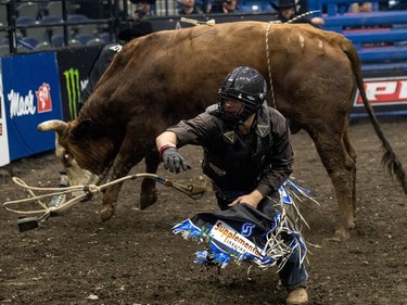 Fabian Dueck attempts to get away from the bull that just bucked him off during the Professional bullriding Canadian final at SaskTel Centre in Saskatoon, October 15, 2016.