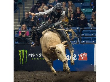 Riley Blankenship rides a bull during the Professional bullriding Canadian final at SaskTel Centre in Saskatoon, October 15, 2016.