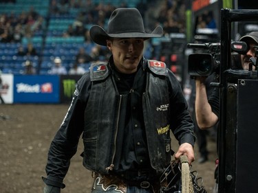 Zane Lambert after his ride during the Professional bullriding Canadian final at SaskTel Centre in Saskatoon, October 15, 2016.