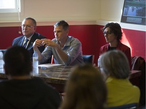 Mayoral candidates, left to right, Don Atchison, Charlie Clark and Kelley Moore, answers question during a forum at STR8 UP on Monday, Oct. 24, 2016.