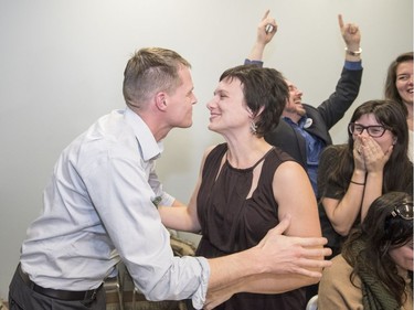 Mayoral candidate Charlie Clark listens to the election results at his office in Saskatoon, October 26, 2016.