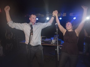 Newly elected mayor Charlie Clark, with his wife Sarah Buhler, speaks to supporters at his post election party at Amigos in Saskatoon, October 26, 2016.