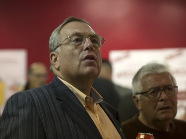 Don Atchison with Myles Heidt in his campaign headquarters while waiting on the results of the civic election, October 26, 2016.