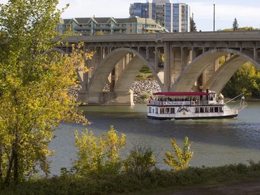 The Prairie Lily Riverboat cruises the South Saskatchewan River, surrounded by fall colours, September 13, 2016.