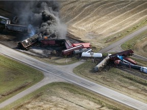 A CN freight train carrying dangerous goods derailed in central Saskatchewan, near the towns of Wadena and Clair, on Tuesday, October 7, 2014.