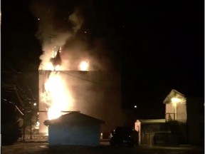 A screenshot from a video by Twitter user Nehemias (@FierroColado) of a grain eleavator that burned overnight in Turtleford on Tuesday, Nov. 29, 2016. (Supplied/Nehamias on Twitter)