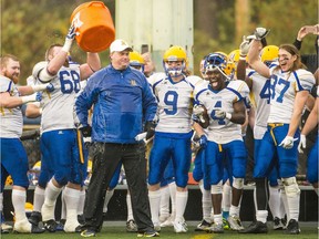 Tom Sargeant gets a shower during his team's 37-25 win over the Westshore Rebels in last season's Canadian Bowl.