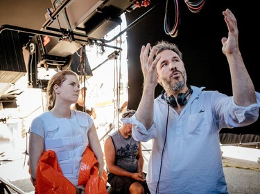 Amy Adams and director Denis Villeneuve on the set of "Arrival."