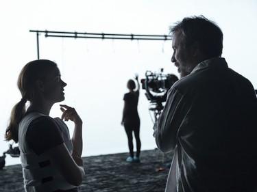 Amy Adams and director Denis Villeneuve on the set of "Arrival."