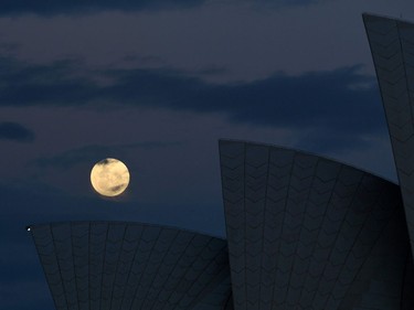 The supermoon rises over the sails of the Sydney Opera House on November 14, 2016. Skygazers headed to high-rise buildings, ancient forts and beaches on November 14 to witness the closest "supermoon" to Earth in almost seven decades, hoping for dramatic photos and spectacular surf. The moon will be the closest to Earth since 1948 at a distance of 356,509 kilometres, creating what NASA described as "an extra-supermoon."