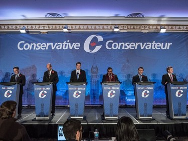 Conservative leadership candidates are introduced prior to the Conservative leadership debate in Saskatoon, November 9, 2016.
