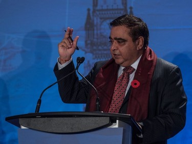 Conservative leadership candidate Deepak Obhrai speaks during the Conservative leadership debate in Saskatoon, November 9, 2016.