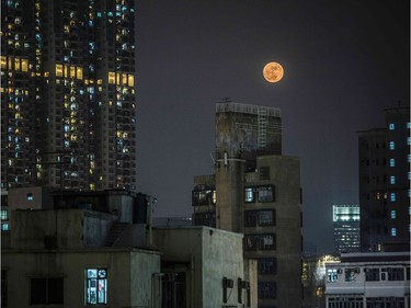 A supermoon rises over residential buildings in the Kowloon district of Hong Kong on November 14, 2016. Skygazers headed to high-rise buildings, ancient forts and beaches on November 14 to witness the closest 'supermoon' to Earth in almost seven decades, hoping for dramatic photos and spectacular surf. The moon will be the closest to Earth since 1948 at a distance of 356,509 kilometres, creating what NASA described as "an extra-supermoon."