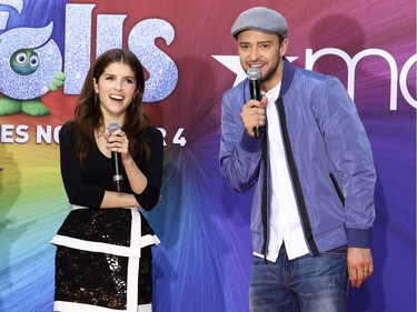 Actors Anna Kendrick and Justin Timberlake appear at an event for "Trolls" at Macy's Herald Square on October 6, 2016, in New York.