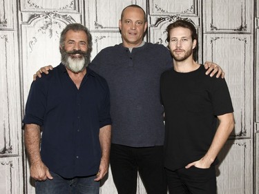 L-R: Mel Gibson, Vince Vaughn and Luke Bracey participate in the BUILD Speaker Series to discuss "Hacksaw Ridge" at AOL Studios on November 2, 2016 in New York.