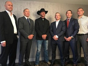 (From left) Bjorn Rebney, Georges St-Pierre, Donald Cerrone, TJ Dillashaw, Tim Kennedy and Cain Velasquez unveiled the Mixed Martial Arts Athletes Association on Nov. 30, 2016